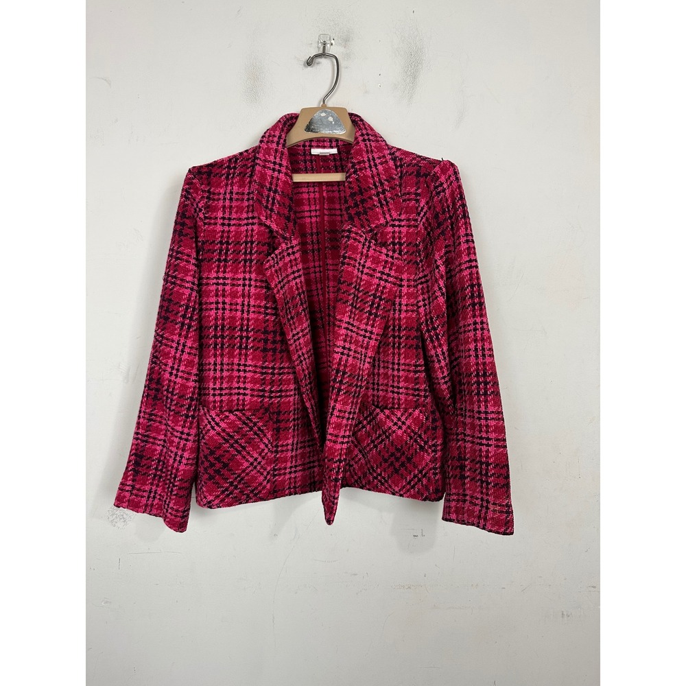 J. Jill Pink Black Plaid Tweed Open Front Blazer Jacket WJT254961 Womens Size M